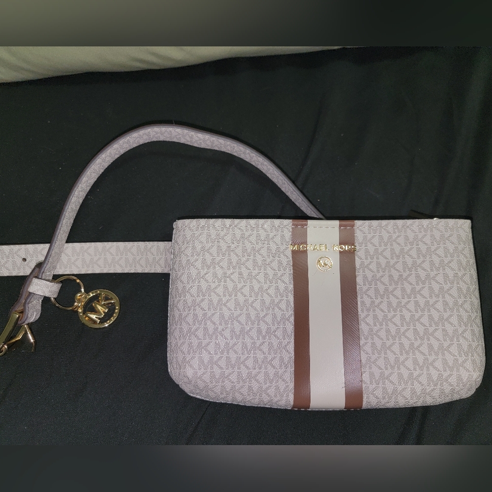 Michael Kors Cream and Brown Clutch with Logo Charm